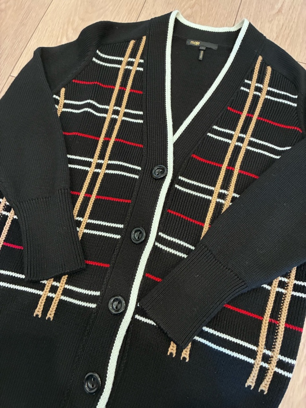 Maje Black Cardigan with Cream Trim